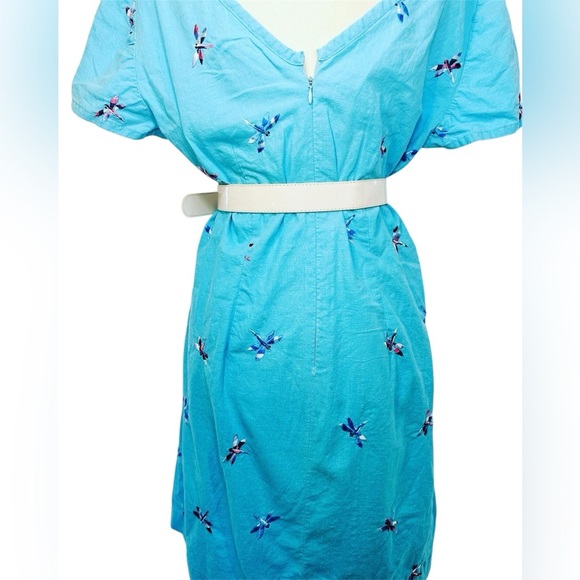 VTG SZ L Sun dress, Dragonflies Turquoise Floral Embroidered Dress Spring Easter - Picture 3 of 5